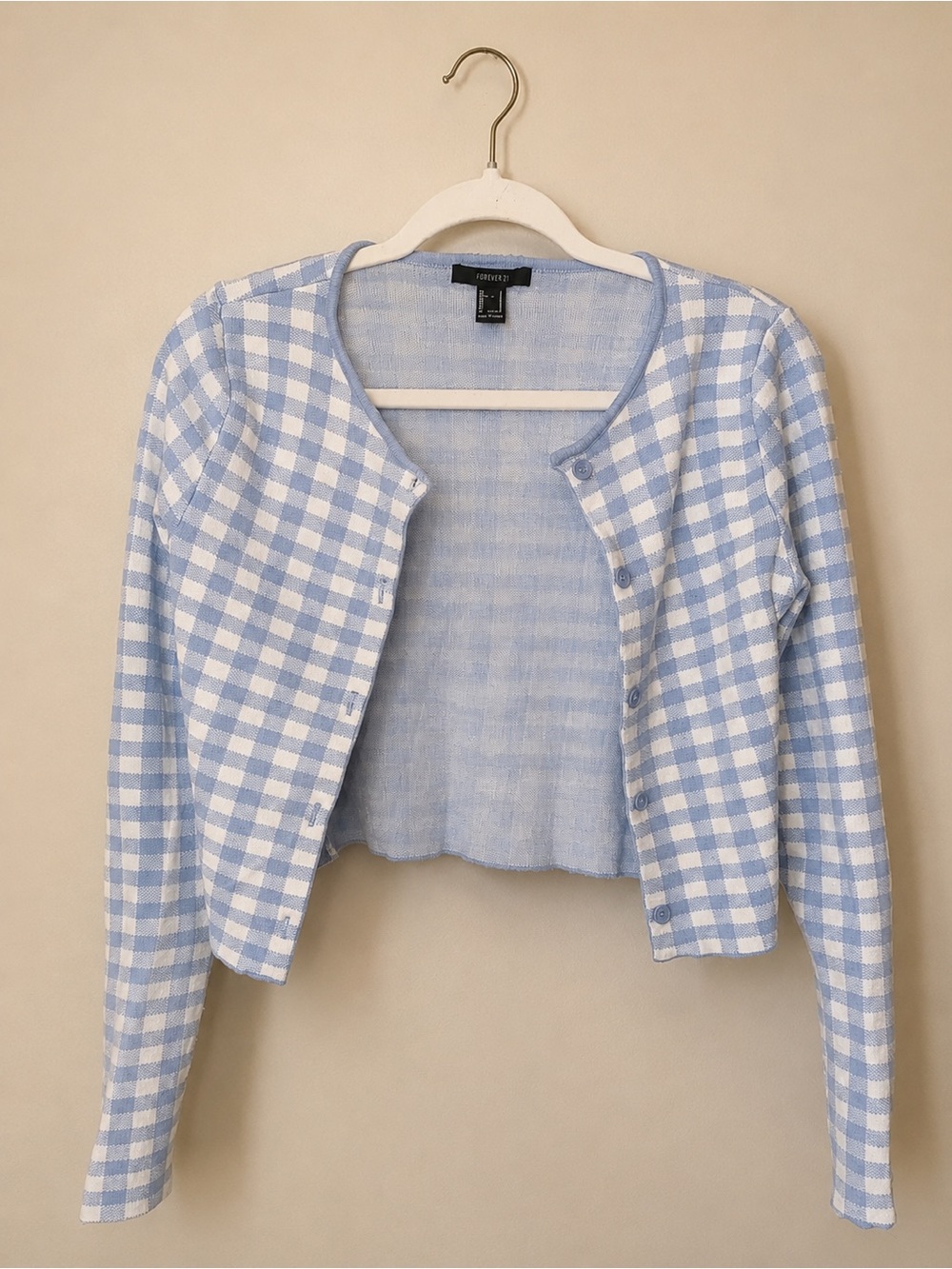 Forever 21 Light Blue and White Gingham Cropped Cardigan